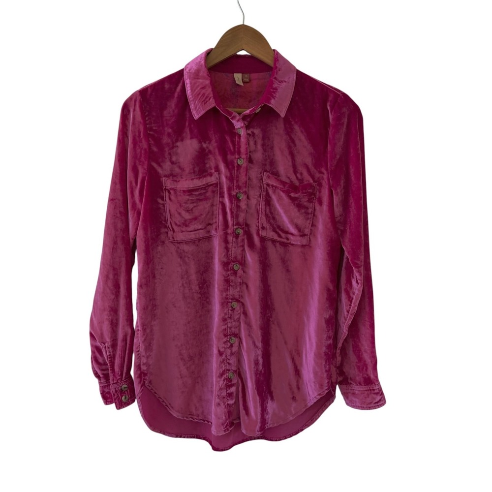 Anthropologie Pilcro Hadley Crushed Velvet Button Up XS Pink Holiday Relaxed